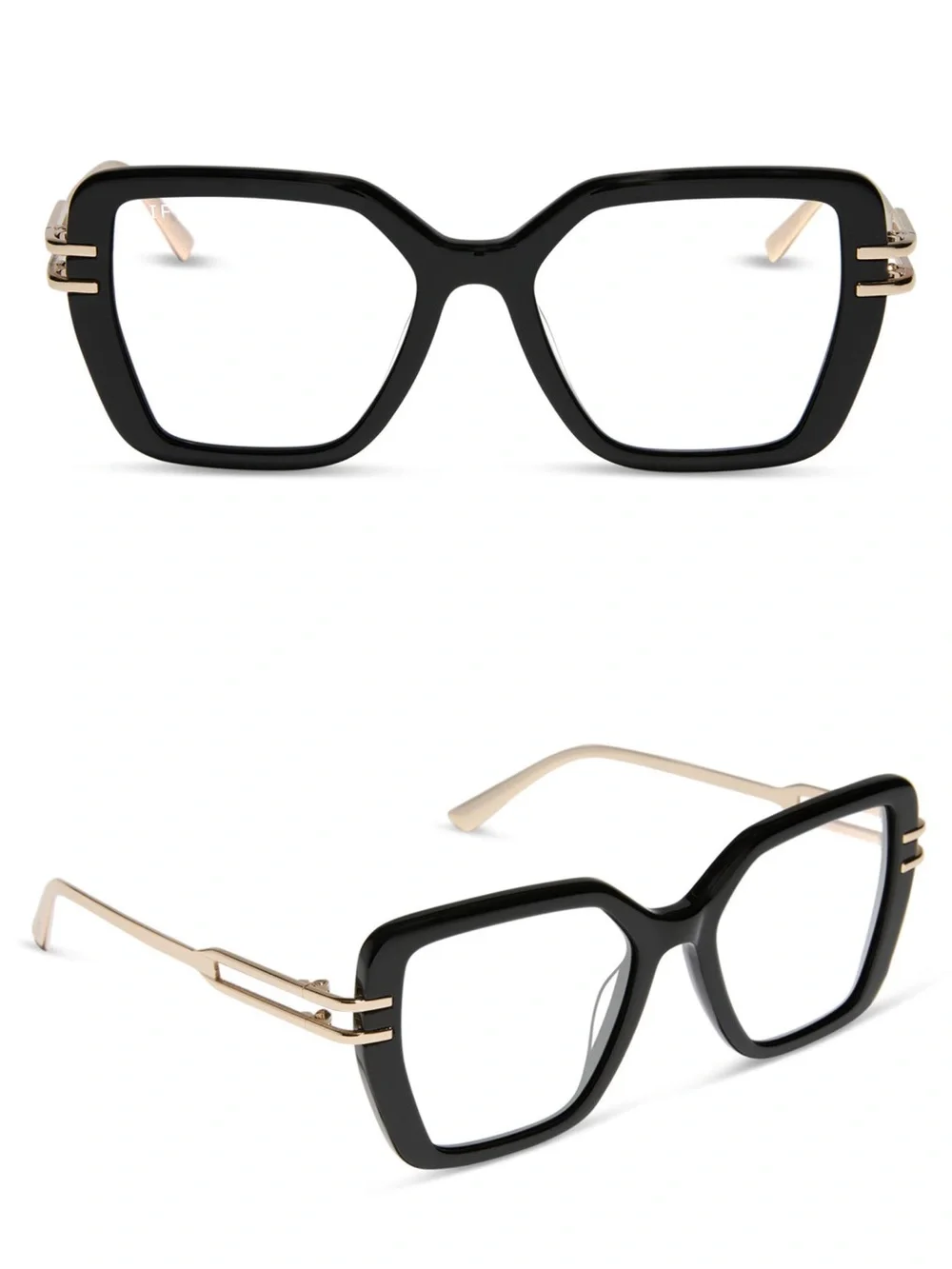 DIFF Dasha Clear Non-Prescription Lens Black & Gold Geometric Glasses NIB